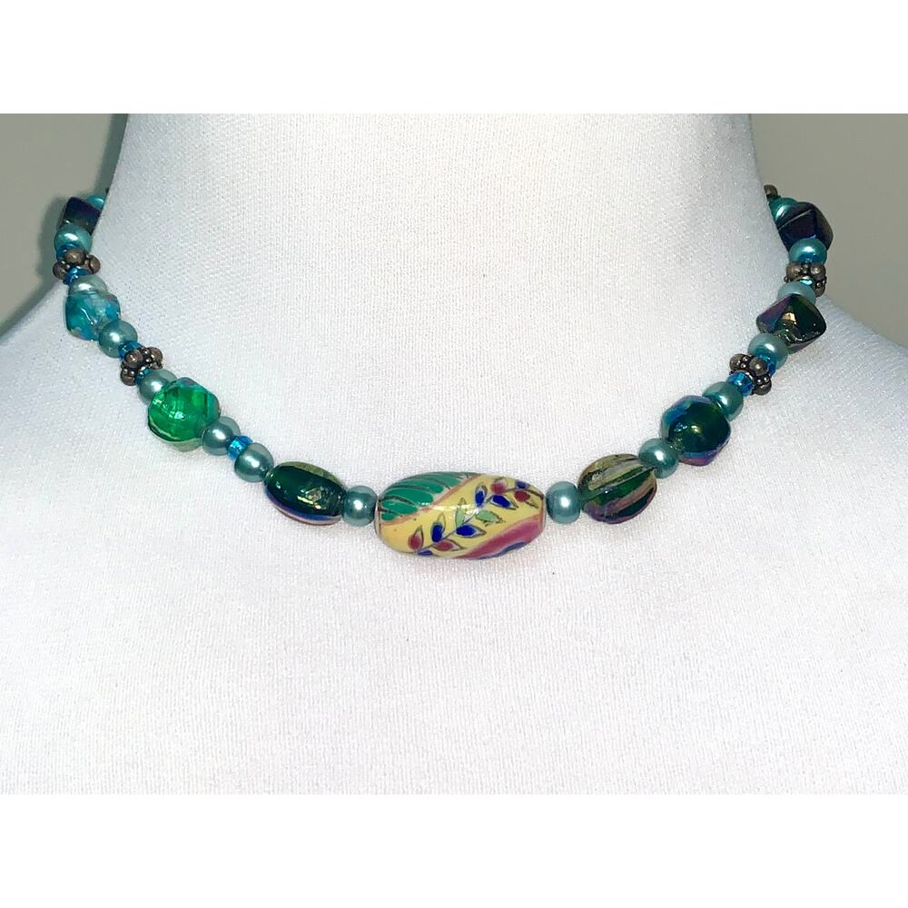 Boho Colorful Painted Iridescent Glass Beaded Choker Statement Necklace - Picture 2 of 7